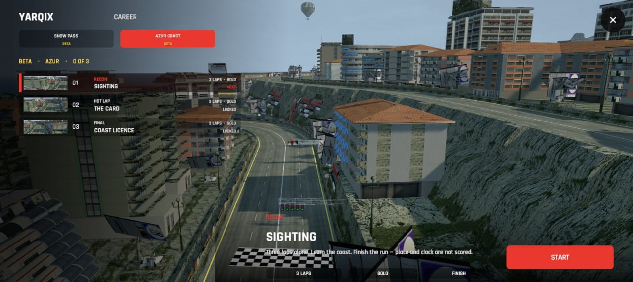 Azur Coast career screen in Yarqix, on the Sighting event