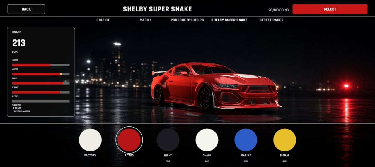 Yarqix garage at night, with the car roster and a Coin balance